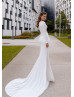 White Satin V Neck Slit Wedding Dress